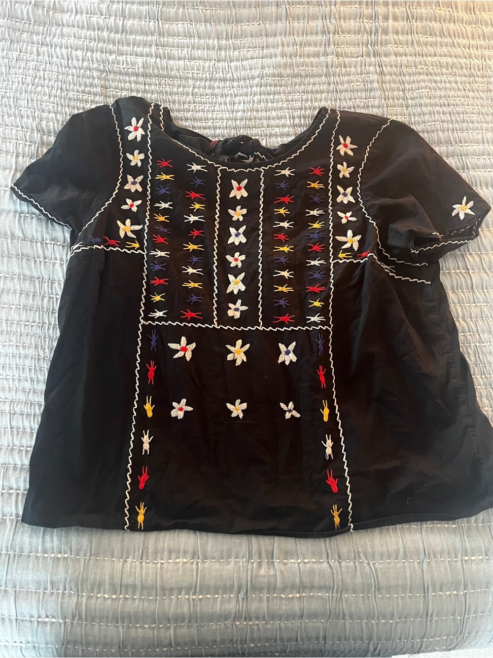 Madewell Black Short-Sleeve Embroidered Peasant Blouse with Back Tie